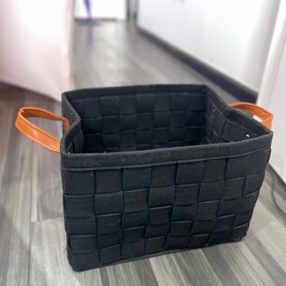 Black Woven Storage Basket with Orange Handles